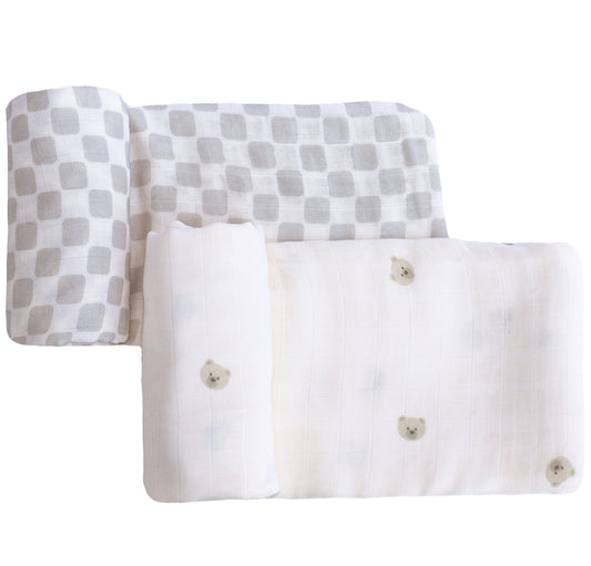 Muslin Swaddle Blankets (Checkered Tan & Bears)