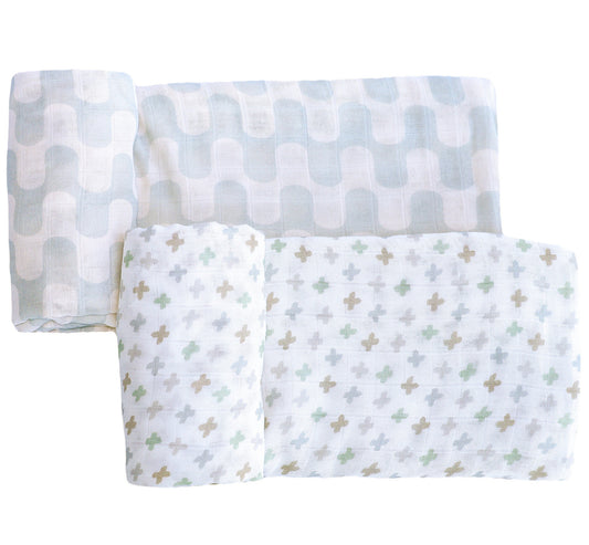 Muslin Swaddle Blankets (Gray Waves & Crosses)
