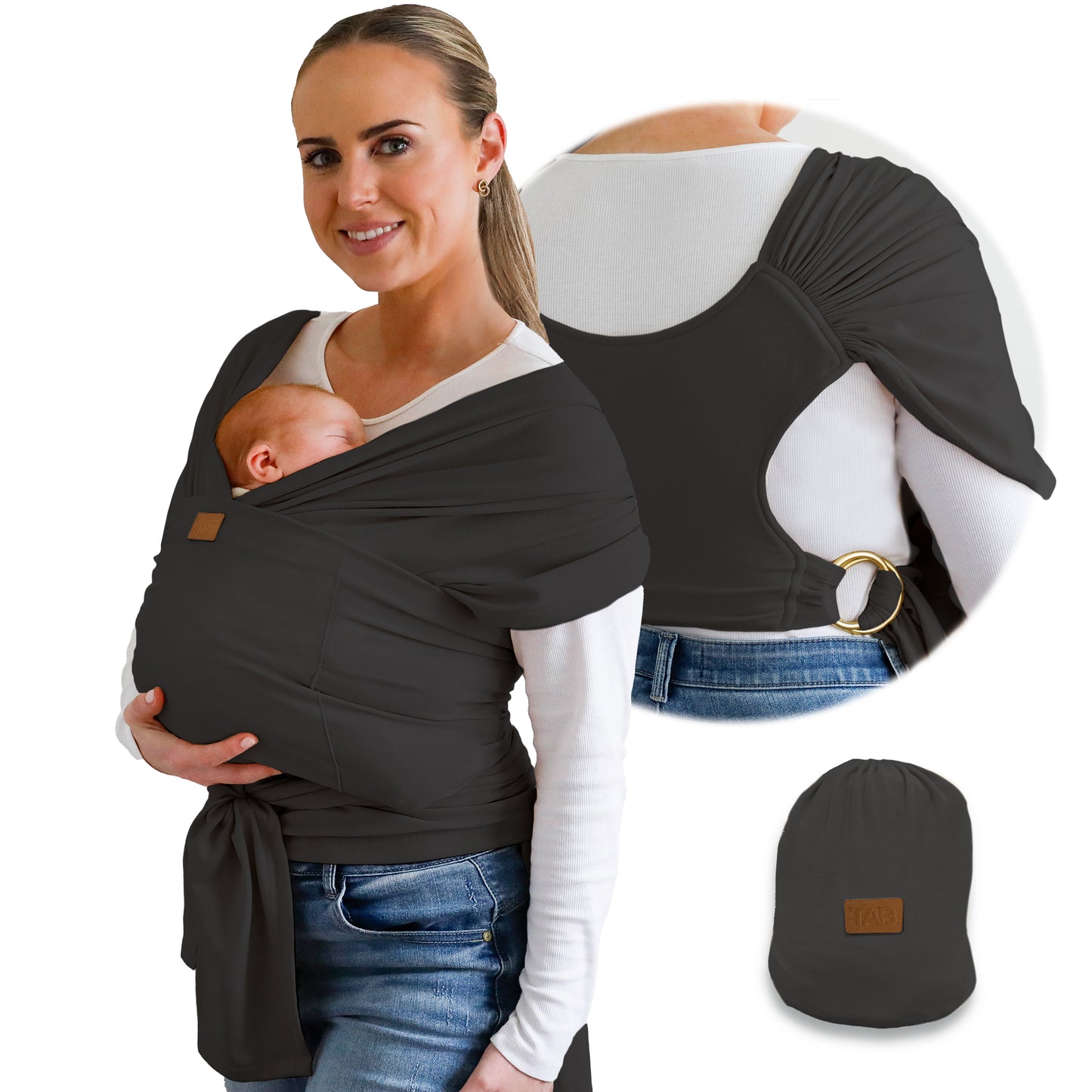 Baby Wrap Carrier Sling - Dark Gray/Gold Rings