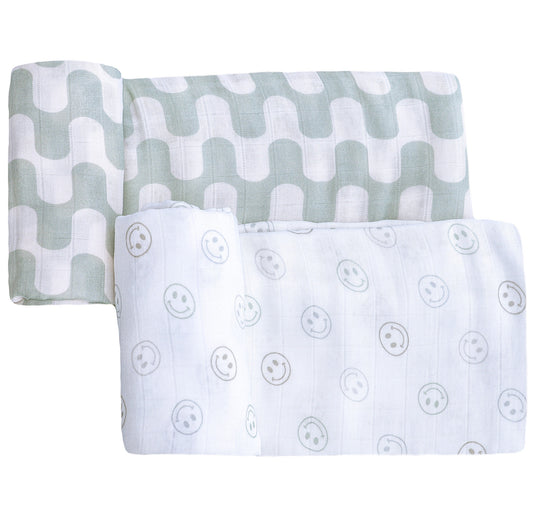 Muslin Swaddle Blankets (Green Waves & Smileys)