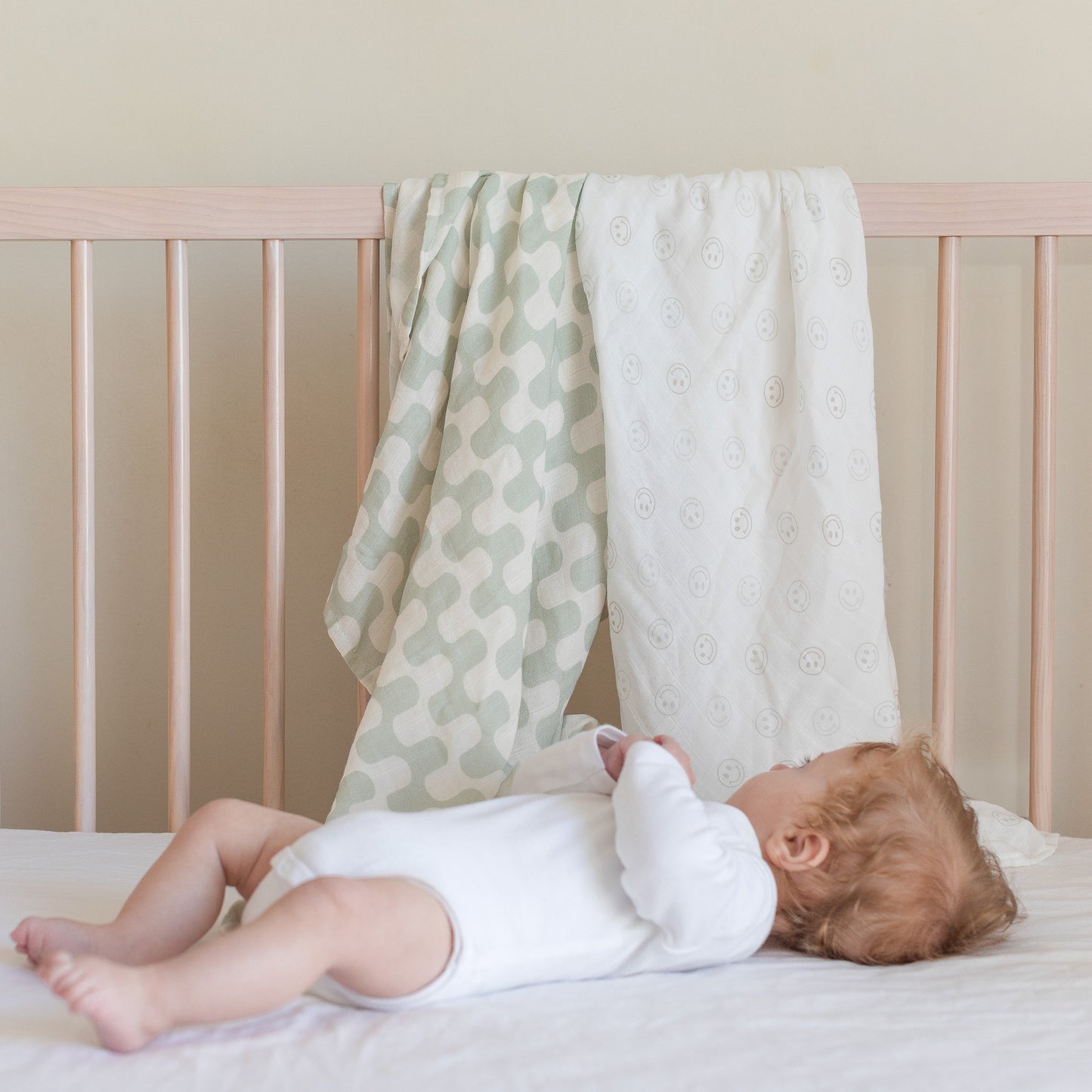 Muslin Swaddle Blankets (Green Waves & Smileys)