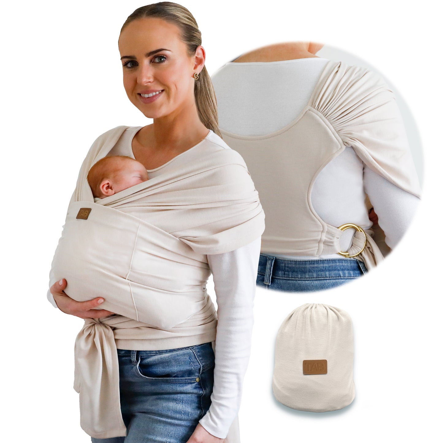 Baby Wrap Carrier Sling -  Beige/Gold Rings